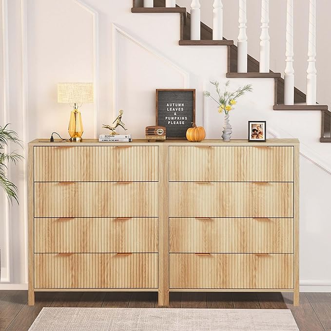 4 Drawer Dressers for Bedroom, Modern Closet Chest of Drawers with Waveform Fluted Panel, Large Wood Storage Dresser Organizer for Nursery Bedroom Living Room Hallway Closet, Natural