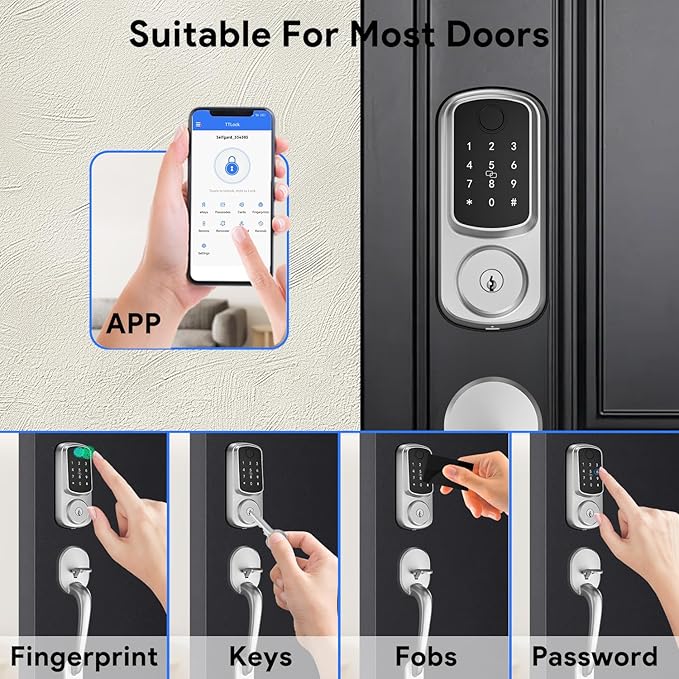 Keyless Entry Door Lock with Handle Set, Keyless Entry Deadbolt with Handle Set, Smart Locks for Front Door Alexa Fingerprint Auto Lock,Silver