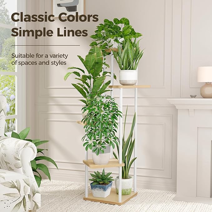 Bamworld White Plant Stand Indoor 5 Tier Plant Shelf for Multiple Plants Corner Flower Stand Metal Wood Plant Table for Patio Garden Balcony Living Room Bedroom