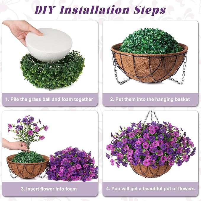 Artificial Silk Flowers Hanging Baskets Outdoors Indoors, Daisy with Eucalyptus Leaves Arrangement for Garden Yard Spring Summer Decor Faux Green Plant Metal Coconut Lining (Dark Purple Purple)