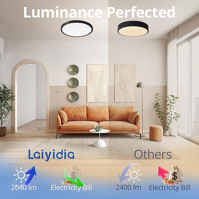 12 Inch Flush Mount LED Ceiling Light, 24W 2640LM Dimmable, 5CCT Selectable (2700K-6500K), Ultra-Slim Flat Panel Fixtures for Bedroom Kitchen Hallway, Black, 8Pack