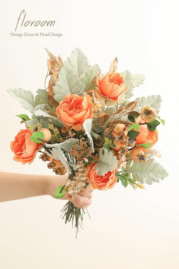 Floroom Artificial Greenery Stems Box Set, 63pcs with 7 Kinds of Faux Greenery Flowers Picks for DIY Bridal Bouquets Wedding Floral Arrangement Table Centerpieces, Burnt Orange & Green