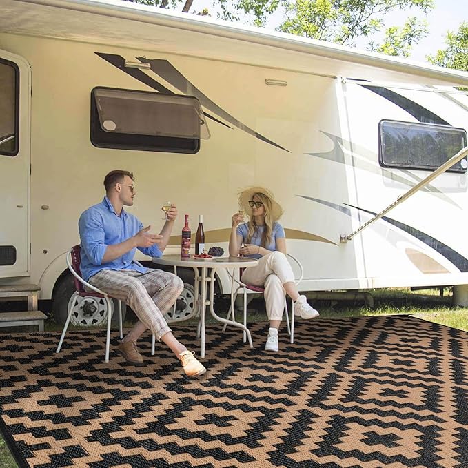 Outdoor Patio Plastic Straw Rug - 8'x10' Outdoor Camping Rug Waterproof Reversible, Area Carpet Patios Clearance RV, Outside Porch Balcony Deck for Camper, Black & Brown