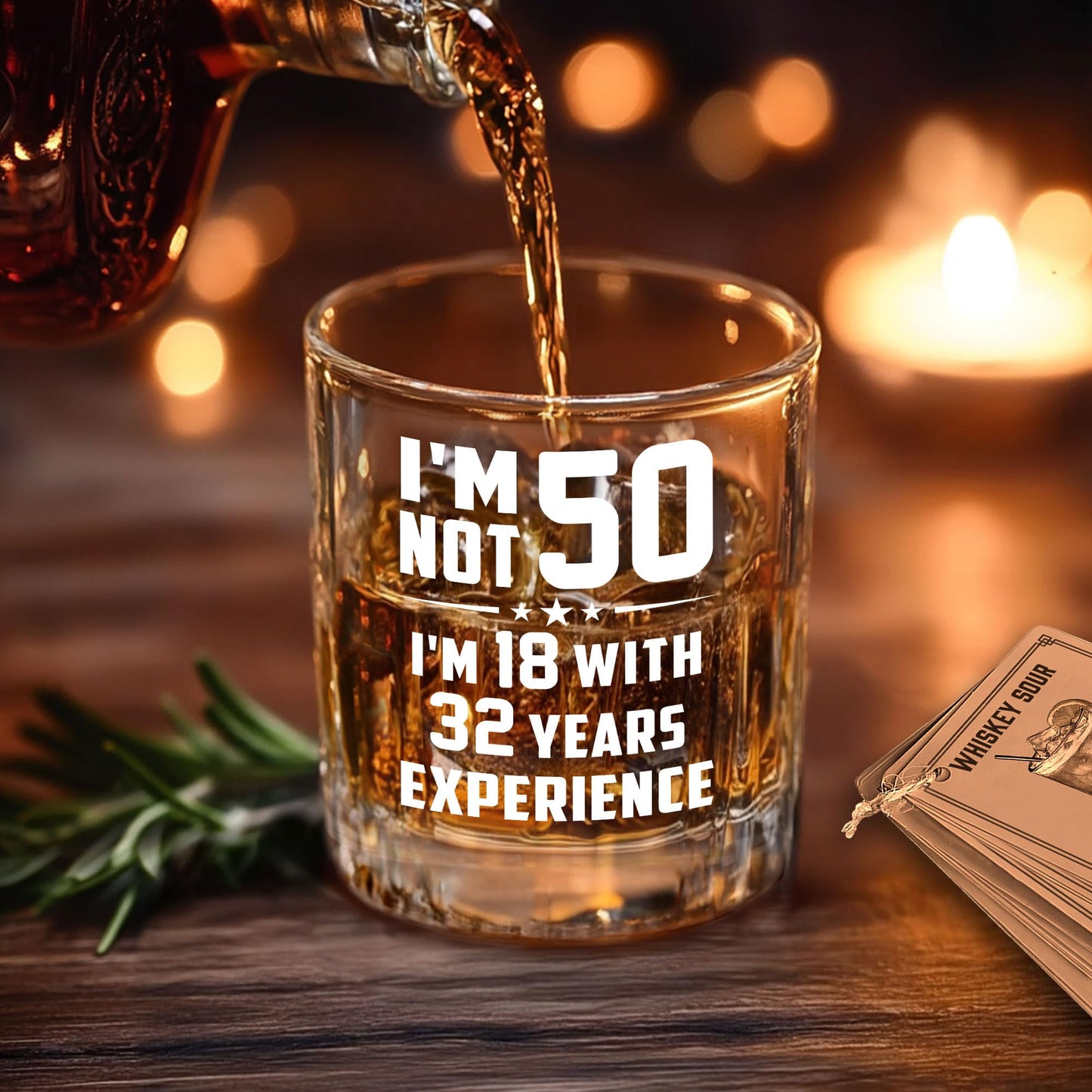 Harmora 50th Birthday Gifts for Men – Funny Whiskey Glass Set for Him Born in 1975 – 50 Year Old Gift Ideas for Dad, Husband, Friends – Wooden Box, Coaster, Cards
