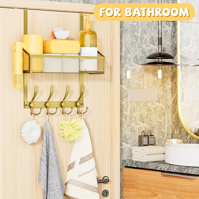 Over The Door Hooks Organizer, Coat Rack Over The Door Storage Hanger Towel Rack, Back of Door Storage Organizer for Bathroom,Bedroom,Kitchen,Office (Gold, 2-Tier)