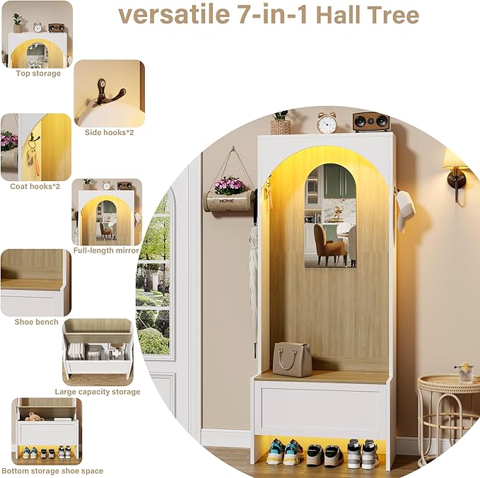 71.65" Hall Tree with Bench and Shoe Storage, 7-in-1 Entryway Storage Bench with 4 Coat Rack & 6 Shoe Cubbies & Mirror & Sensor Light, Shoe Rack Organizer for Entryway, White and Brown