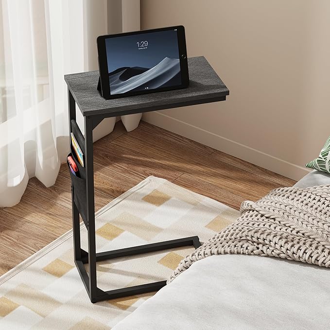 TUTOTAK C Shaped End Table, Side Table for Couch, Sofa Table with Storage Bag, TV Tray for Living Room, Bedroom, Black TB01BK0822