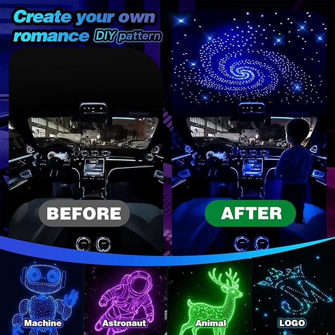 VASTFIRE Starlight Headliner Kit - 300pcs 0.03in 9.8ft Fiber Optic Star Lights for Car with 16W RGBW, Twinkle & Music Sync, APP/Remote Control for Car Roof/Bedroom Ceiling