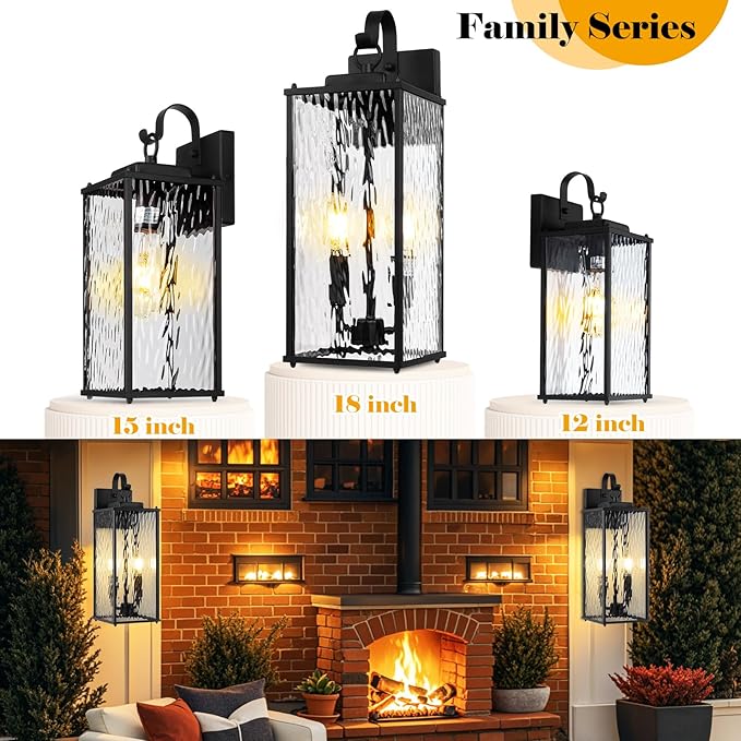 18 Inch Large Outdoor Light Fixture with 2-Light Candelabra, 1-Pack Water Ripple Glass Exterior Lighting Fixture IP65 Waterproof Outdoor Wall Lantern Outside Lamp Carriage Porch Light, E12