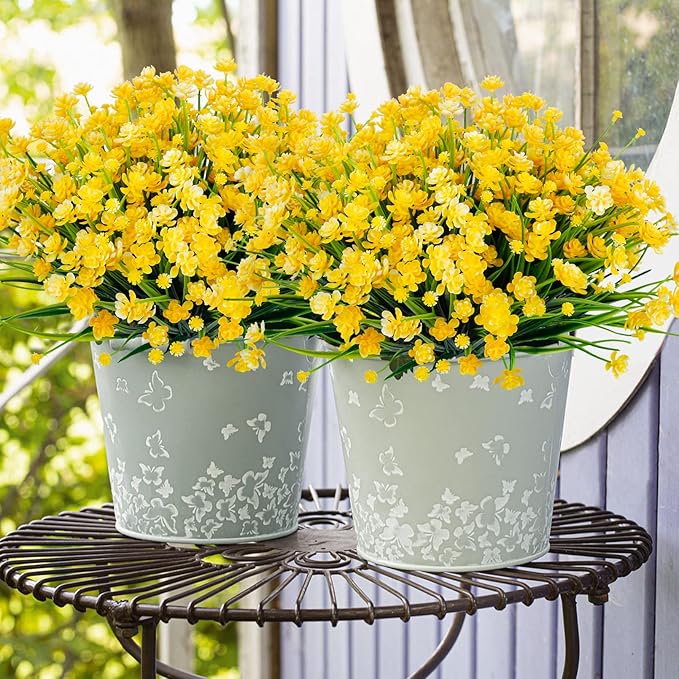 Ouddy Decor 24 Bundles Artificial Flowers for Outdoors UV Resistant Fake Plastic Plants Faux Boston Fern Greenery Stems for Spring Summer Indoor Garden Patio Window Box Kitchen Home Decor, Yellow