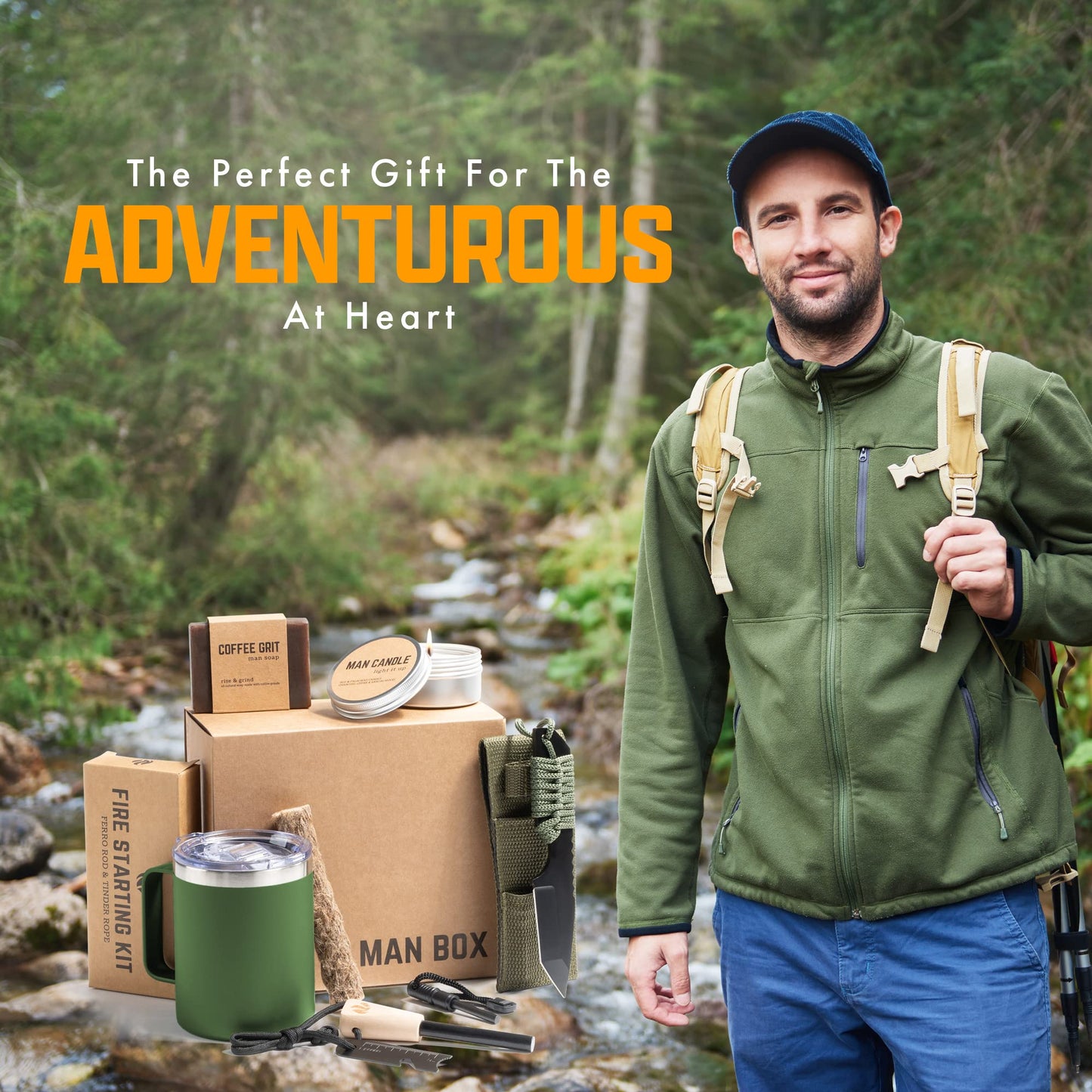 Man Box, Gift Box for Men- Birthday Gifts for Men, Mens Gift Basket, Gifts for Him- Cool Camping Gift Sets for Guys, Son, Brother, Boyfriend, Dad, Husband, Male, Friend