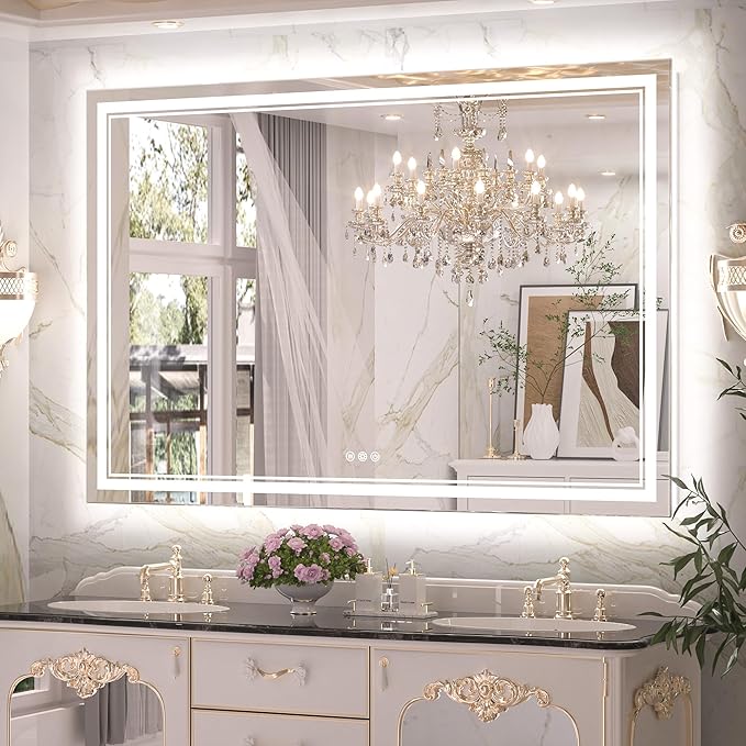 Keonjinn LED Bathroom Mirror 60" x 40" with Frontlit and Backlight, Tempered Glass Stepless 3 Colors Temperature & Dimmable Vanity Mirror, UL Listed LED Driver, Double Lights Anti-Fog Wall Mirror
