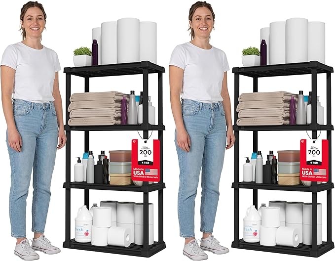 IRIS USA 4-Shelf Light Duty Plastic Storage Shelves, 200lb Capacity, 48" H x 24" W x 12" D, Medium Modular Shelving Unit Storage Organizer for Bathroom, Laundry, Garage & Home, Storage Rack - Black