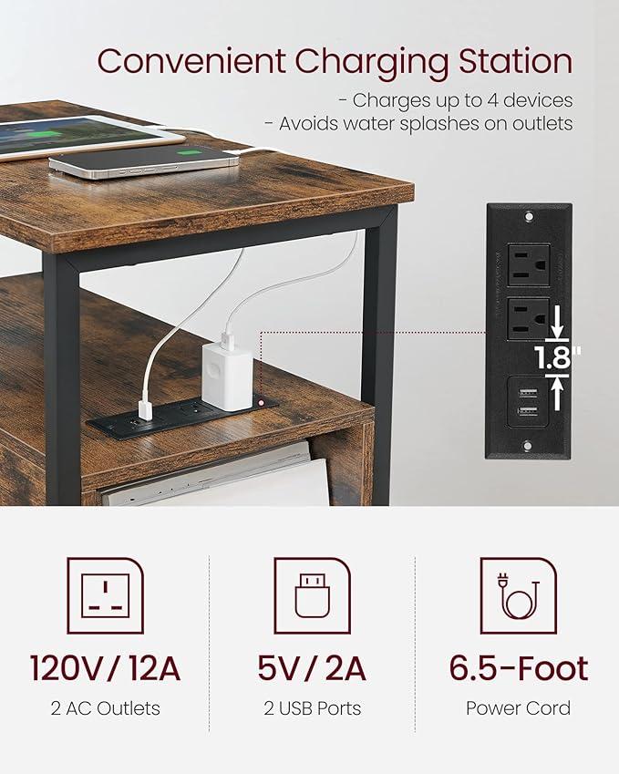 VASAGLE Side End Table with Charging Station, Slim Nightstand with 2 Drawers, Narrow Bedside Table for Living Room, Small Spaces, Rustic Brown and Ink Black ULET321B01