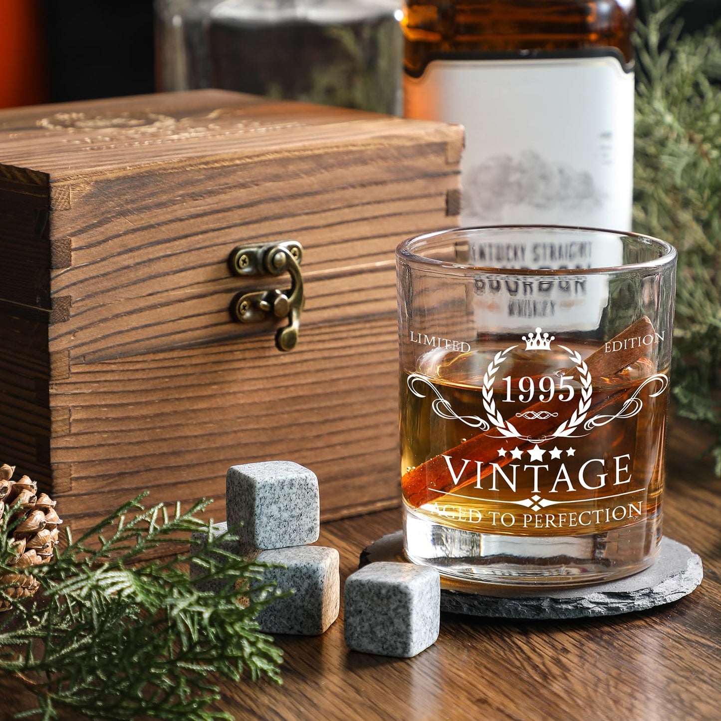 30th Birthday Gifts for Men Whiskey Glass Set - 30th Birthday Decorations, Party Supplies - 30 Year Anniversary, Bday Gifts Ideas for Him, Dad, Husband, Friends - Wood Box & Whiskey Stones & Coaster