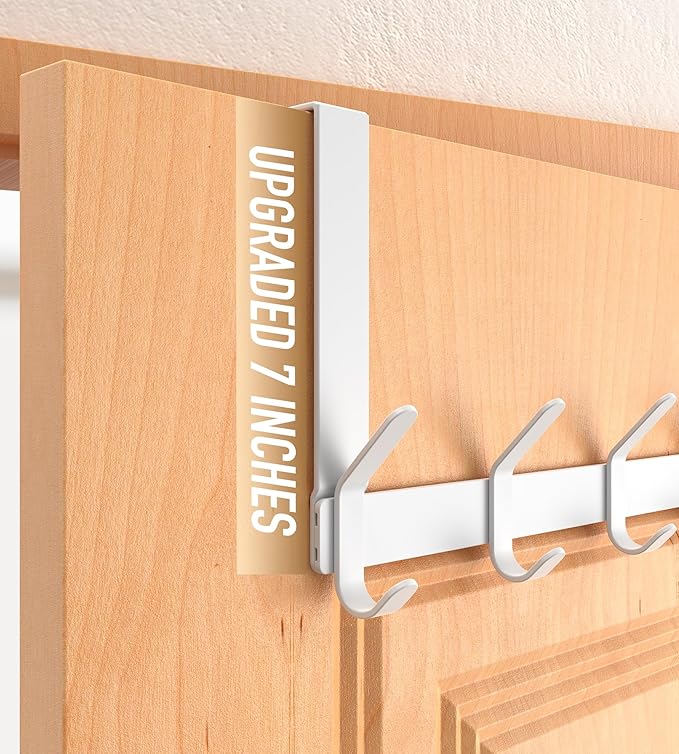 Over The Door Hooks Hanger with 7" Arms for Hanging Heavy Coats, Towel, J7U, Perfectly Fits US Standard 1 3/8-inch Doors, Towel Rack Bathroom Organizer Holder, Rustproof, White