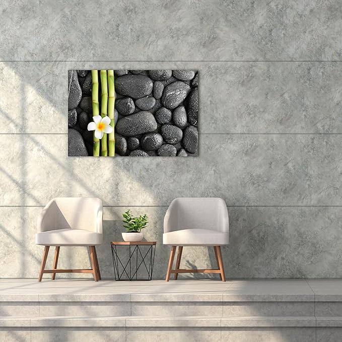 Zen Wall Art Decor, Modern Bathroom Zen Decor Wall Art, Canvas Wall Art for Spa Zen Room Decor, Green Bamboo Forest and Black Pebble Relaxing Art Prints for Office & Spa Wall Decor 18x24 Inches