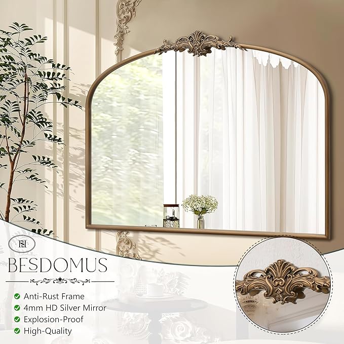 Besdomus Vintage Arched Gold Mirror: 40"x29" Large Matt Gold Antique Wall Mounted Mirror - Baroque Traditional Ornate for Entryway/Fireplace/Bathroom/Hallway - Home Decor for Fashion-Conscious