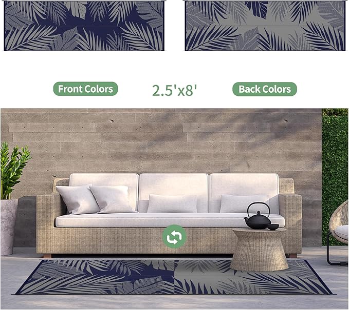 GENIMO Outdoor Rug 2.5' x 8' Waterproof for Patios Clearance, Reversible Outdoor Plastic Straw Camping Rug Carpet, Large Area Rugs Mats for RV, Camper, Deck, Balcony, Porch, Beach, Picnic, Blue&Grey