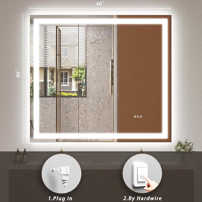 40 x 36 LED Bathroom Mirror for Wall, Lighted Vanity Mirror, Dimmable, Anti-Fog, Shatter-Proof, ETL Listed (Front Lights + Backlit)