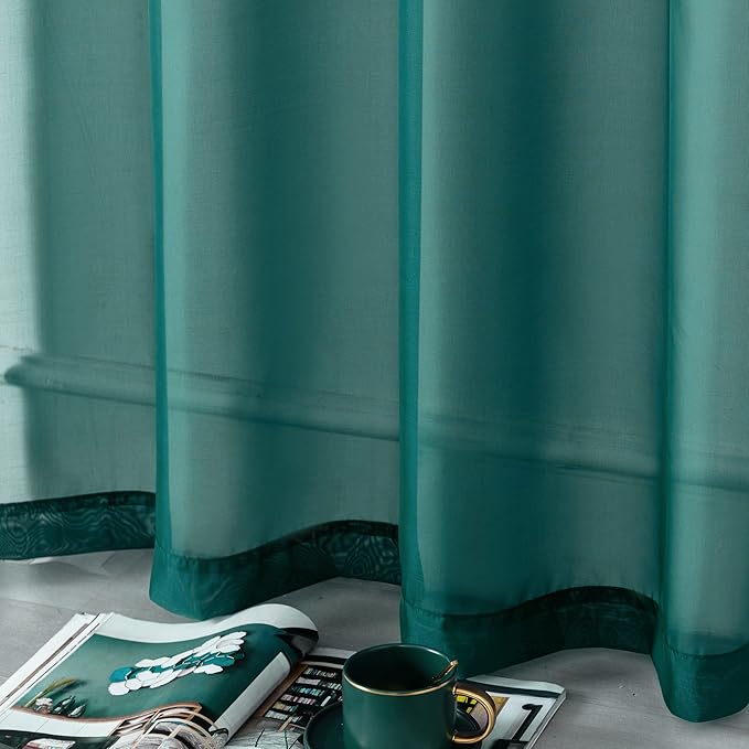 DUALIFE Hunter Green Sheer Curtains 63 Inch Length,Look Semi Sheer Curtain Drapes for Living Room Bedroom Loft Kitchen Bathroom Privacy Voile Window Treatment Panels,52 x 63 Inches,Set of 2