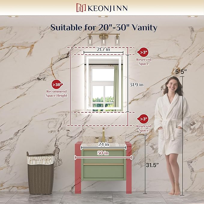 Keonjinn 22" x 32" Lighted Mirrors for Bathroom Wall, Frontlit & Backlit LED Bathroom Mirror, Tempered Glass, 3 Color Lights, Dimmabled, UL-Listed LED Driver, Anti-Fog, Smart Bathroom Vanity Mirror