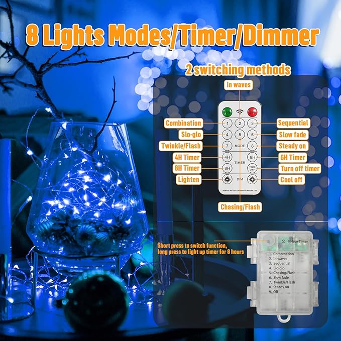 LAMPHOME 100 LED Blue Fairy Lights Battery Operated, Mini Battery Powered Copper Wire Starry String Lights,Light Length 32.5Ft, Multi Functions & Timer, with Remote Indoor/Outdoor use