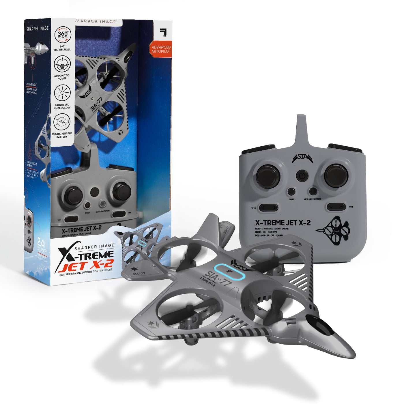 Sharper Image® X-Treme Jet X-2 High-Performance Remote Control Drone, 2.4 GHz Long Range Wireless Control, Advance Auto-Pilot with 360 Barrel Roll, 7-piece, Grey, Age 8+