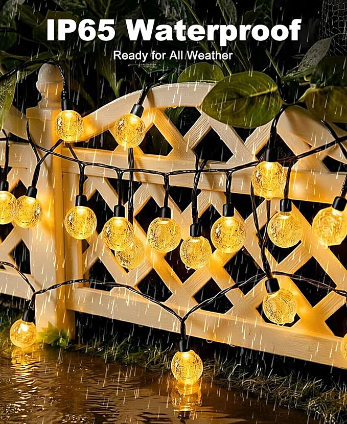 btfarm Solar String Lights Outdoor Waterproof, 50 LED 49 FT Solar Powered Patio Light, 8 Lighting Modes Crystal Globe Decoration for Garden Balcony Yard Porch Party, Warm White