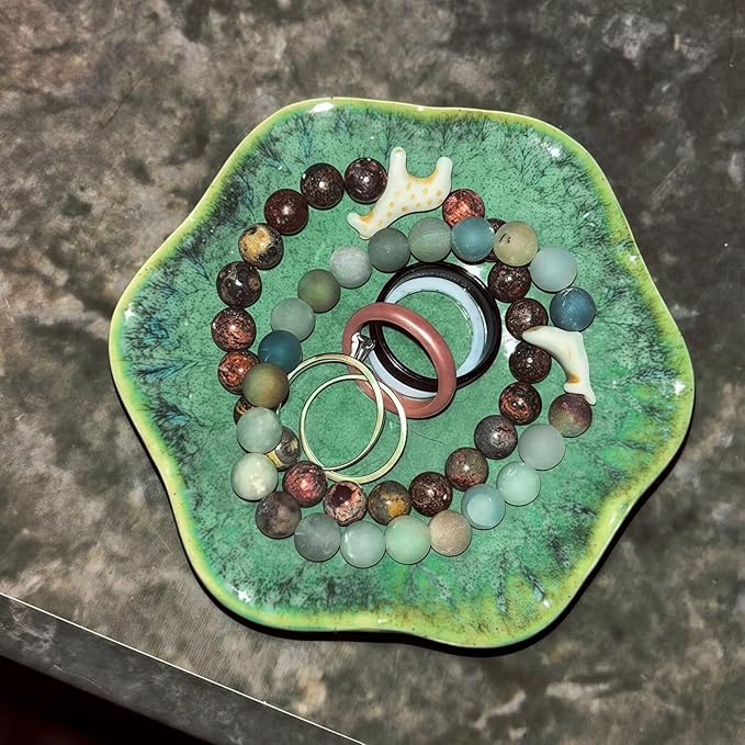2Pcs Ceramic Jewelry Dish - Lotus Leaf Shape, for Ring Holder Necklace Small Key, Suitable for Mother Friend Sister, Gifts for Women, Cute Plate Trinket Tray, Home Decor (Crystal Green & White)