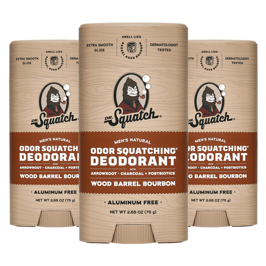 Dr. Squatch Natural Deodorant for Men 3 Pack Wood Barrel Bourbon â Odor-Squatching Men's Deodorant Aluminum Free (2.65 oz, 3 Pack)