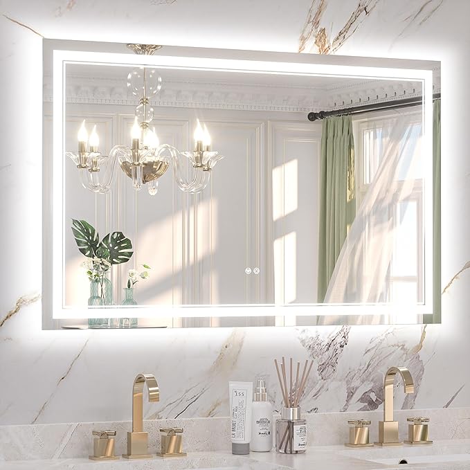 Keonjinn 48" x 30" Lighted Bathroom Mirror, Frontlit & Backlit Frameless LED Mirror, HD Tempered Glass, Quick Defogging, 3 Color Lights, Dimmable, UL-Listed LED Driver, Wall-Mounted Vanity Mirror