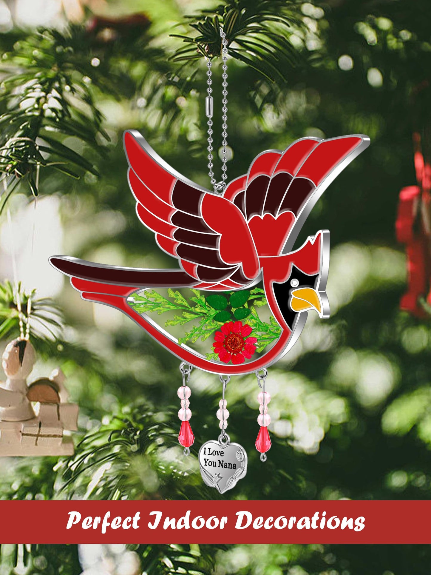 KY&BOSAM Cardinal Suncatcher I Love You Nana Gifts Stained Glass for Windows Hangings Wind Chime Ornament with Pressed Real Flowe and Heart Charm Birthday Gifts for Nana Women Mother's Day Christmas