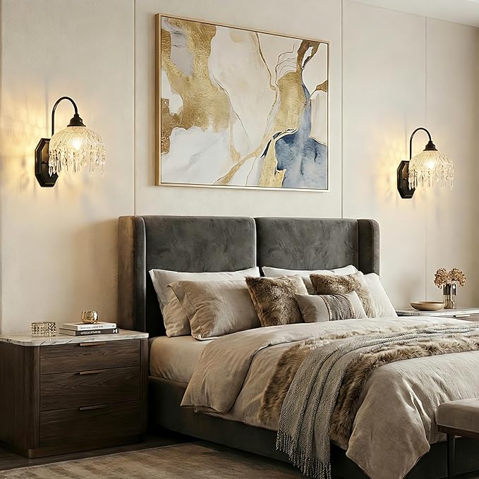 2-Pack Vintage Glass Crystal Wall Sconce, Matte Brushed Antique Black Finish, for Bedroom Bathroom Hallway Living Room