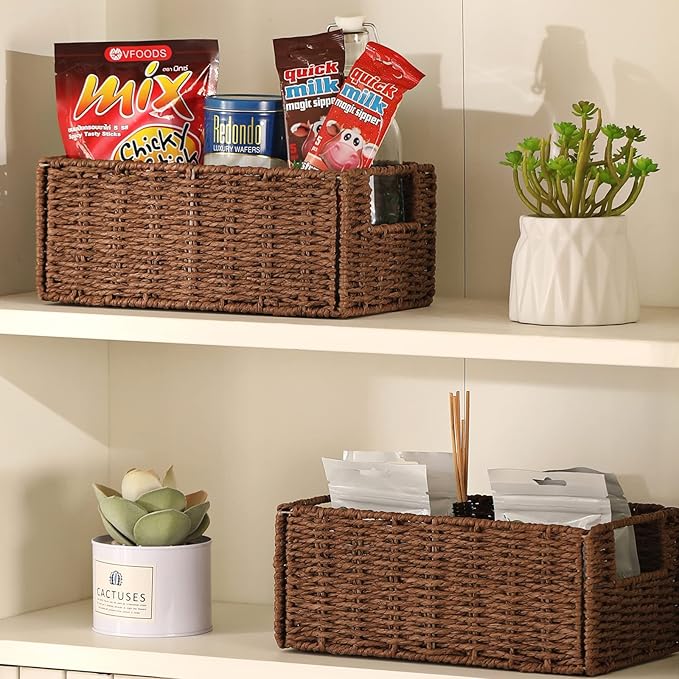 Vagusicc Wicker Storage Basket, Set of 2 Hand-Woven Paper Rope Wicker Basket, Small Storage Baskets for Organizing Toilet Paper Basket, Foldable Large Cube Storage Organizer Bins for Shelves (Brown)