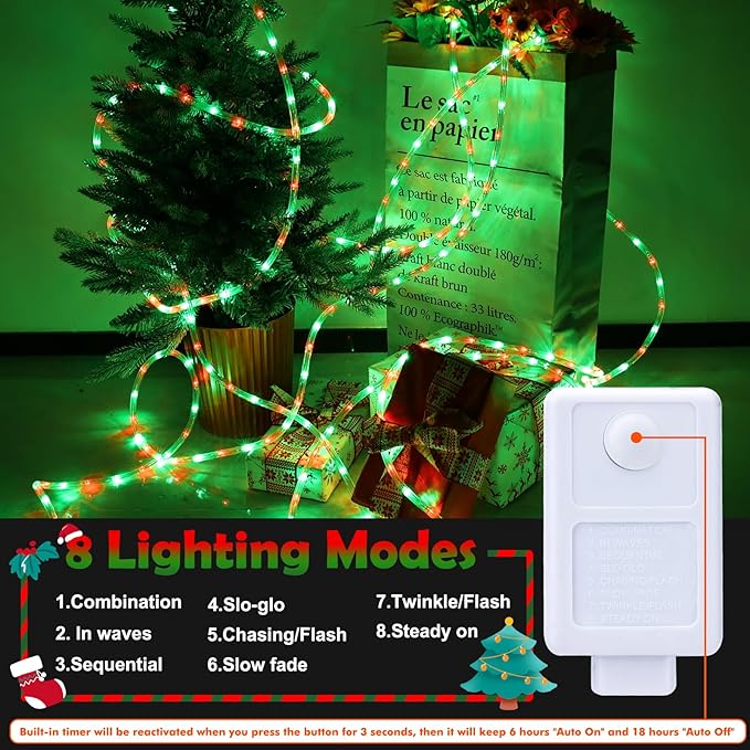 50ft LED Rope Lights Outdoor, 360 LED Connectable and Flexible Tube Lights with 8 Modes, Waterproof LED Rope Lighting for Garden Patio Pool Bedroom PartyIndoor Outdoor Christmas Decor (Red & Green)