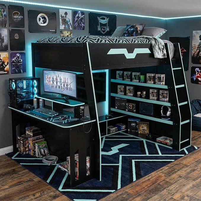 LUMISOL Full Size Wood Loft Bed with Desk and Multi-Storage Shelves, Gaming Loft Bed with RGB LED Lights and Adjustable Desk Placement, Space-Saving Game Bedframe with Under-Bed Storage, Cloud Blue