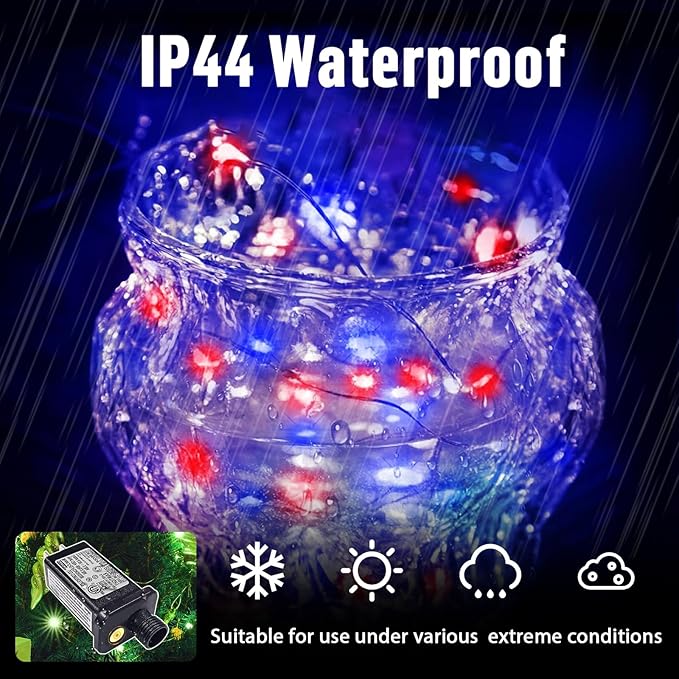LAMPHOME Patriotic Fairy Lights Battery Operated, 33Ft 100 LEDs Waterproof Twinkle Firefly Lights,Starry String Light for Independence Day Patriotic Holidays Decoration (Red, White & Blue)