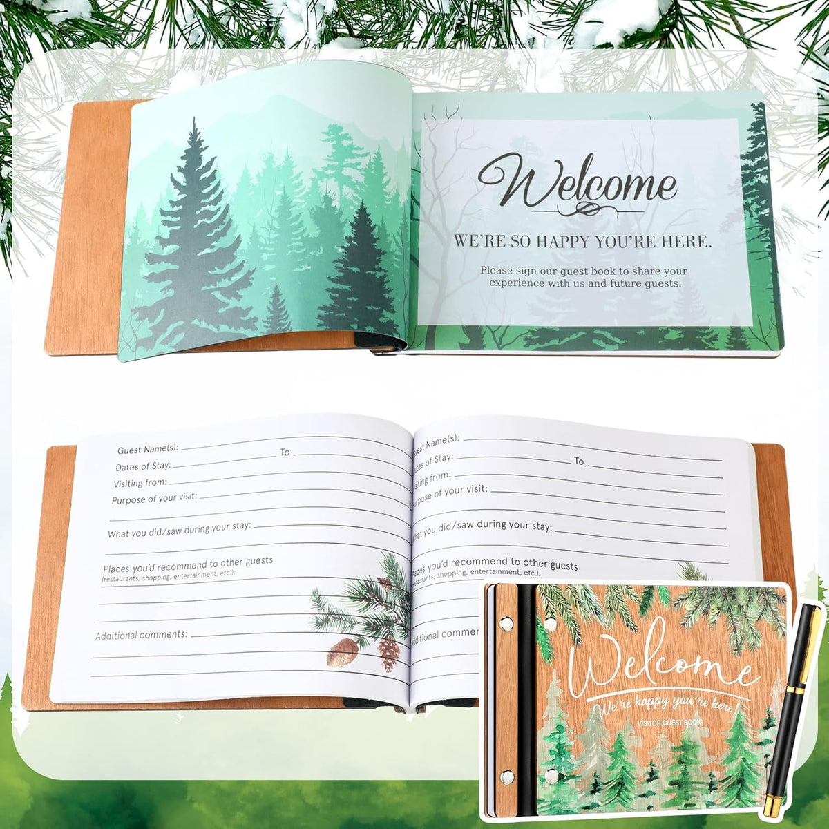 Welcome Guest Book Wood Cover Visitor Log Book Rustic Wedding Memory Scrapbook with Pen 8 x 6 Inches Neutral Pine Photo Album with 120 Pages for Vacation Home Wedding Office Reception