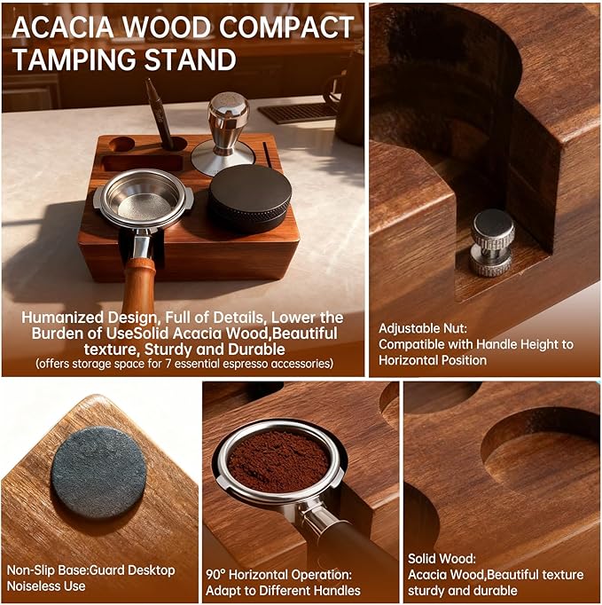 9 Pcs Espresso Accessories Kit, 51mm Espresso Tamper Tools, with Wooden Espresso Tamping Station, Distributor, Stirrer, Dosing Funnel,Puck Screen, Brush, Latte Art Pen and Decorative Stencils