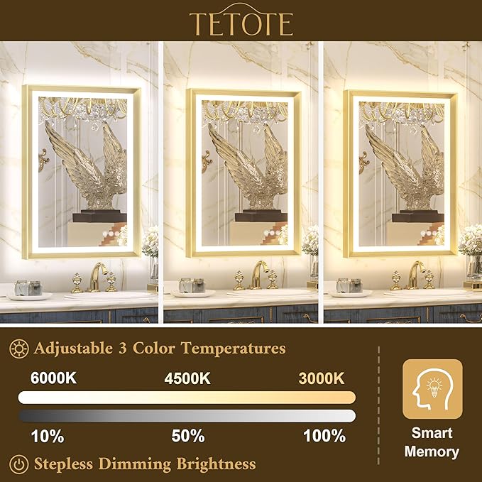 TETOTE Gold LED Bathroom Mirror with Lights 40x32 Front & Back Light Vanity Framed Mirror Baroque Anti Fog Dimmable White/Warm/Natural,CRI90+,Waterproof,Wall Mounted(Horizontal/Vertical)