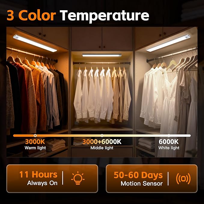 7.9inch Motion Sensor Cabinet Lights, 1400mAh 34 LED Beads, USB-C Charging, 3 Color Temperatures, for Long Lasting Durability Easy to Install, Magnetic Under Cabinet Light Suitable for Kitchens(4Pack)