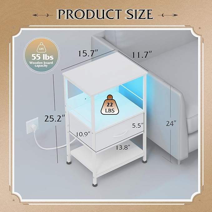 WLIVE White Night Stand with Charging Station, LED Nightstand with Adjustable Fabric Drawer, 3-Tier Storage Bedside Table, Small End Side Tables for Bedroom