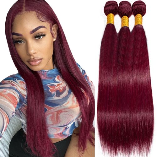 Color 99J Human Hair Bundles Burgundy 18 20 22 Inch Straight Burgundy 99J Bundles Human Hair Extension 11A Brazilian Virgin Quick Weave Hair for Black Women
