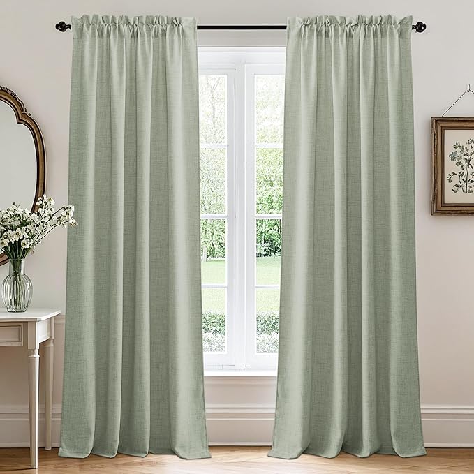 RYB HOME Linen Sheer Curtains and Drapes for Living Room and Dining Room 90 inches Length, Breathable Weave Textured/Rod Pocket Semi Sheer Curtains, Sage Green, W 52 x L 90 inches, 2 Panels Set