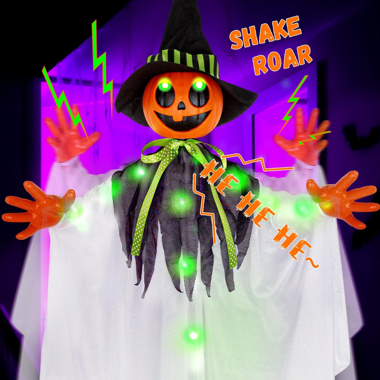 55” Halloween Hanging Animatronics Ghost Pumpkin with LED Lights, Sound & Motion Activated and Shaking Arms - Perfect for Halloween Haunted House Prop Décor, Indoor/Outdoor Display, Lawn, Party