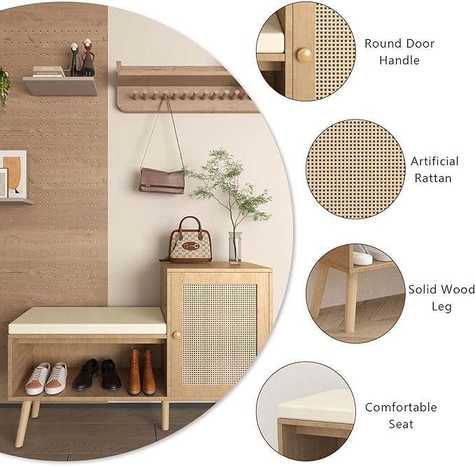 2-in-1 Shoe Storage Bench with Removable Seat Cushion, PP Rattan Shoe Cabinet with Rattan Doors, Modern Entryway Bench, Shoes Storage Organizer for Entryway Hallway Small Space, Natural