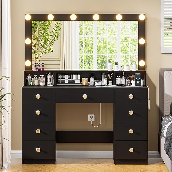 Vanity Desk with Large Mirror and Lights, Makeup Vanity with Power Outlet, 9 Drawers & Shelf Storage, Black Vanity with 3 Lighting Modes, Dressing Vanity Table for Women, Girls, Bedroom