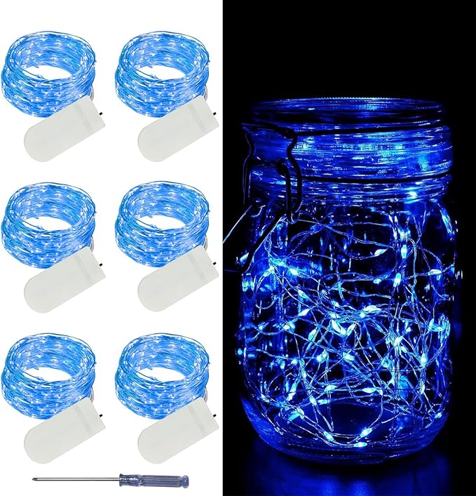 LAMPHOME 6 Pack Blue Fairy Lights Battery Operated - 7ft 20 LED Lights Copper Wire Mini String Light Firefly Light for Mason Jars DIY Crafts Christmas Wedding Party Centerpiece Table Decor