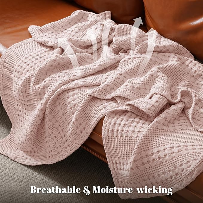PHF 100% Cotton Waffle Weave Blanket King Size for Bed, Soft Lightweight & Breathable, All-Season Comfort, Luxury Aesthetic Woven Bedding for Home Decor, 108"x90", Pink/Mauve